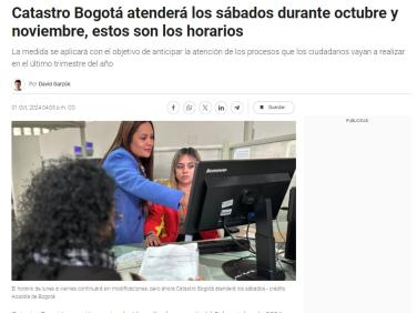 Catastro Bogotá atenderá los sábados durante octubre y noviembre, estos son los horarios.  En Infobae